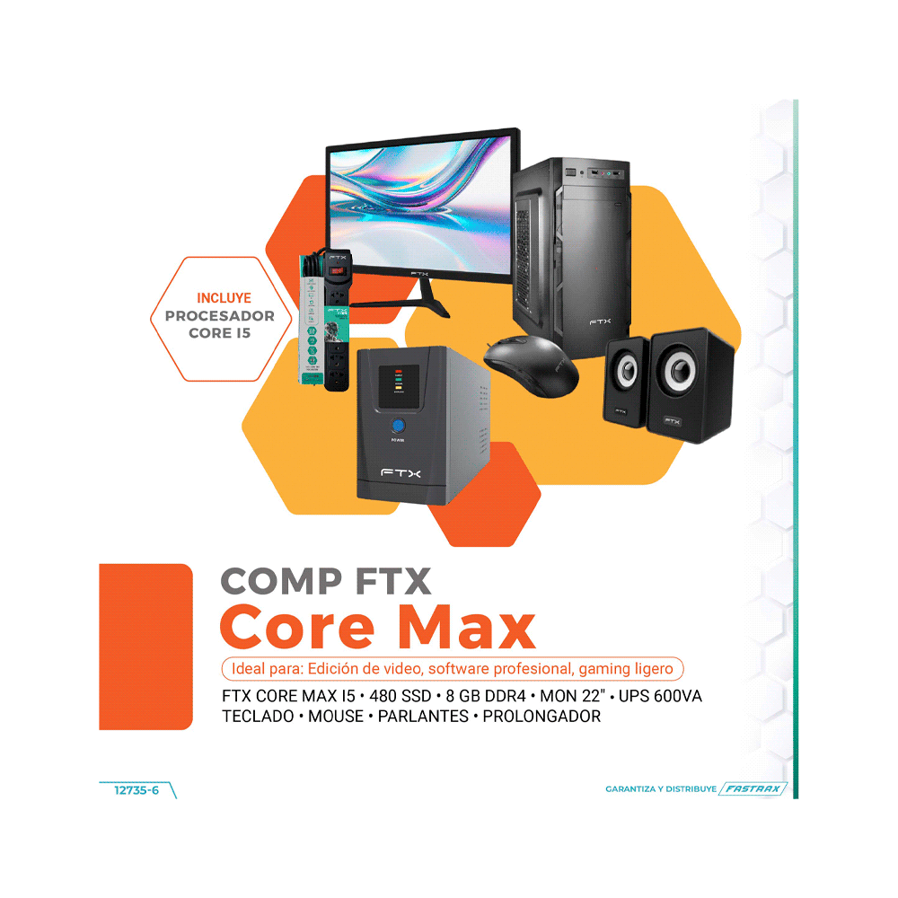 COMPUTADORA FTX CORE MAX I5/480SSD/8G MON 22" UPS 600 TECLADO MOU SPK FILTRO