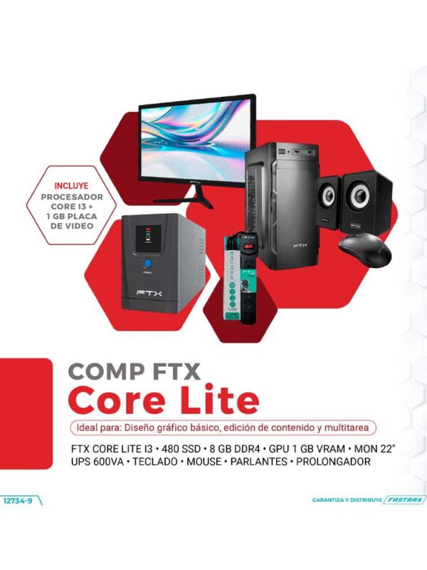 COMPUTADORA FTX CORE LITE I3/480SSD/8G/1GVGA MON 22" UPS 600 TECLADO MOU SPK FILTRO