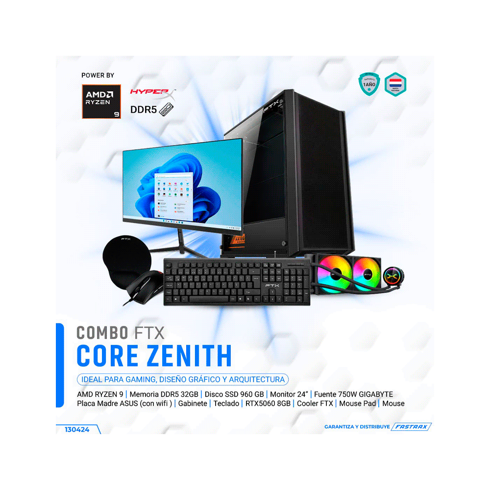 COMPUTADORA FTX CORE ZENITH R9/960SSD/32G/RTX5060-8G MON 24" TECL MOU MOUPD COOLER